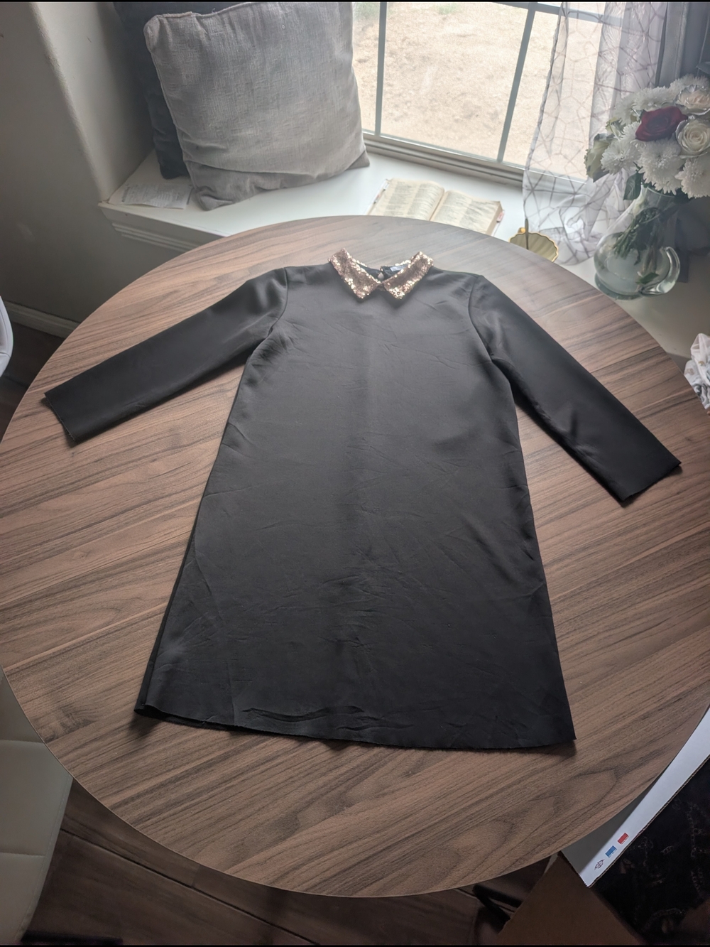 Zara Black Long Sleeve Shift Dress with Sequin Collar